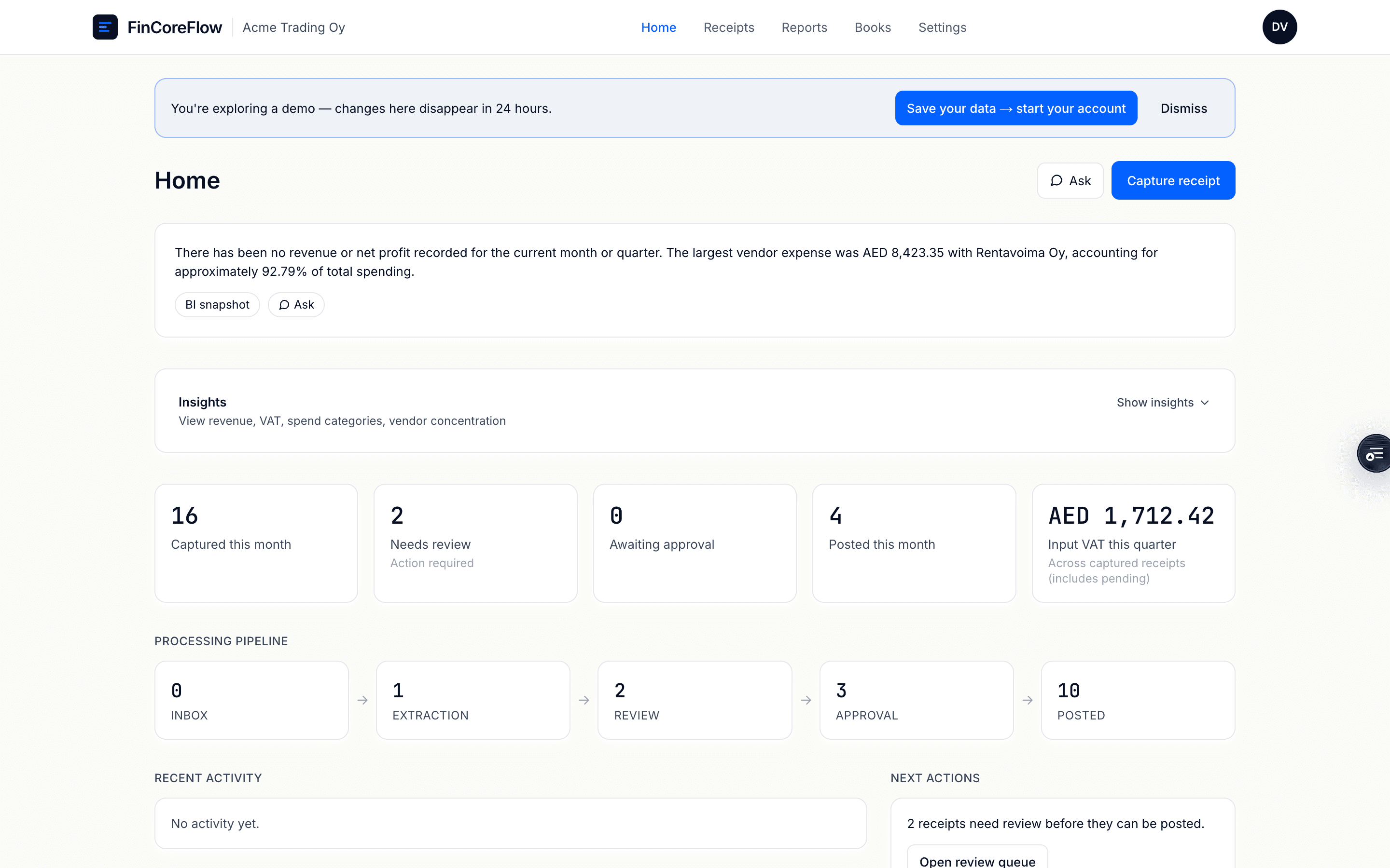 AutoBooks Solo Home dashboard with Dashboard Summary, BI snapshot, recent activity